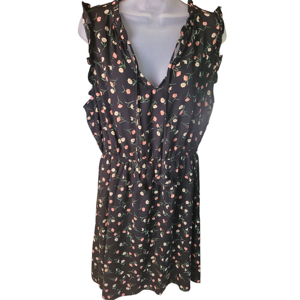 Lucky Brand Black Floral Midi Dress with Pink and Green Accents